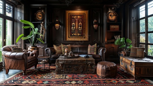 This image presents a refined traditional African living room  featuring mudcloth accents and wooden masks adorning the walls  creating a culturally rich and elegant space.