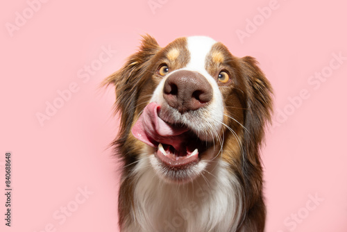 Portrait hungry  Australian Shepherd dog  puppy licking its lips with tongue and eating. Isolated on ink solid background on summer or spring season