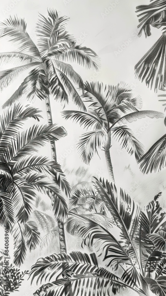 custom made wallpaper toronto digitalSeamless Border Hand Drawn Black and White Lithography Illustration Retro Style Design. Tropical wallapaper. AI generated illustration