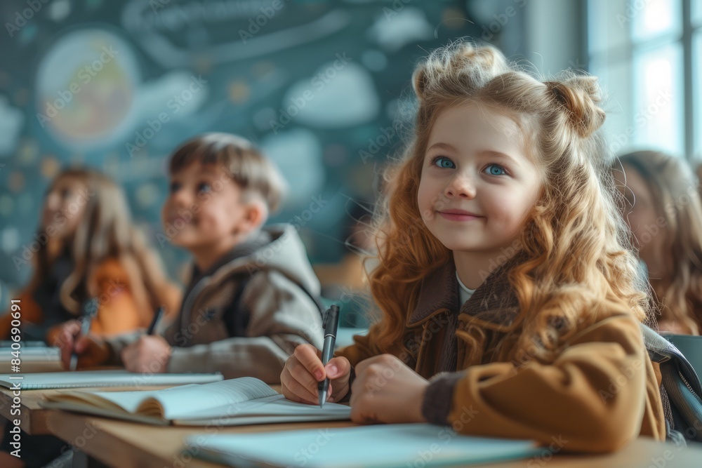 Young student girl sitting at a desk with other children in class. Back to school concept. Young student girl sitting at a desk with other children in class. Back to school concept.