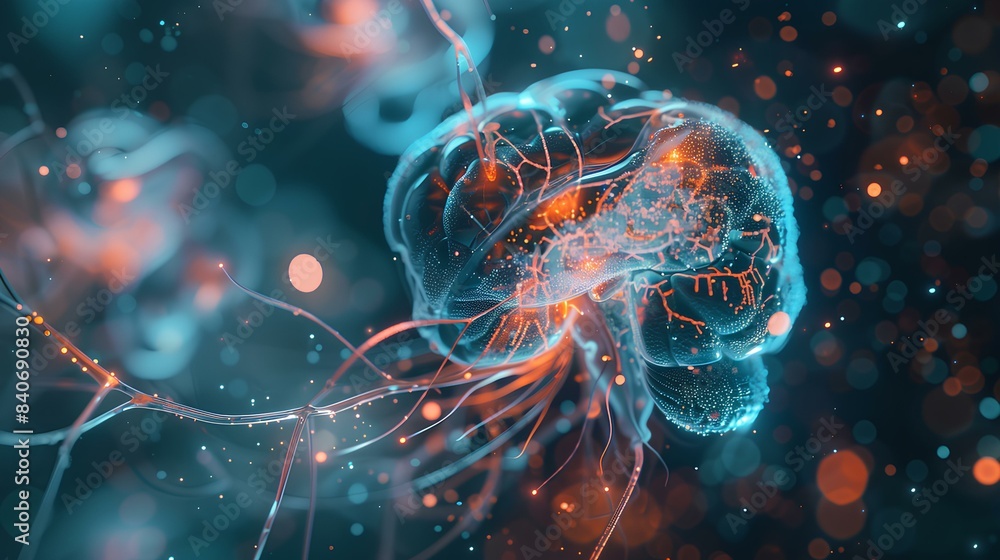 Digital Brain with Neural Connections and Abstract Glowing Network Digital Brain with Neural Connections and Abstract Glowing Network