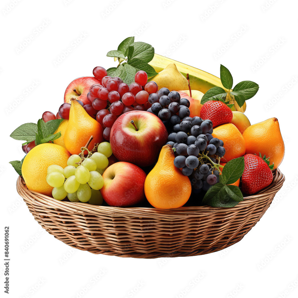 A vibrant, fresh fruit basket including apples, bananas, grapes, pears and strawberries, perfect for a healthy snack or decoration, isolated on transparent background. A vibrant, fresh fruit basket including apples, bananas, grapes, pears and strawberries, perfect for a healthy snack or decoration, isolated on transparent background.
