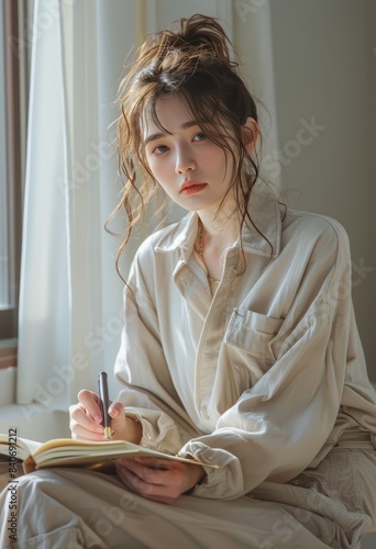 Woman Writing in a Book While Sitting in a Cozy Home Setting