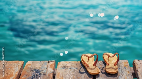 Flip-flops on wood against blue water background. Summer vacation concept 