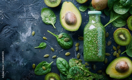 Green Smoothie Ingredients Arranged on Dark Surface: A Bottle of Green Smooth...