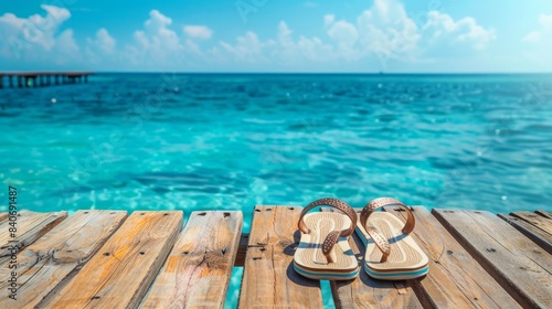Flip-flops on wood against blue water background. Summer vacation concept 