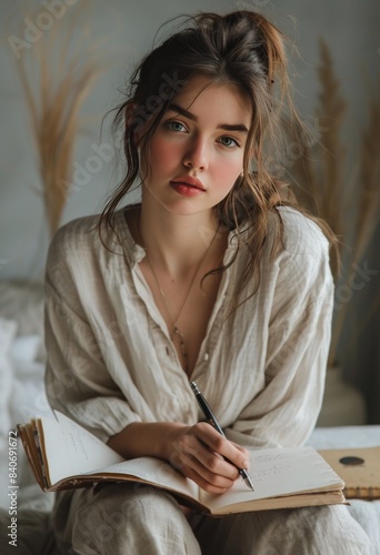 Woman Writing in a Book While Sitting in a Cozy Home Setting