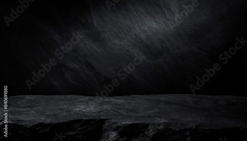 Dark detailed rough black rock table for product display and presentation background branding.