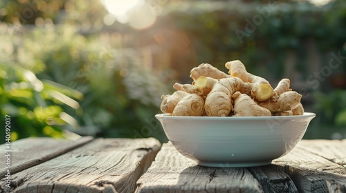 ginger in a white bowl on a wooden table. Selective focus