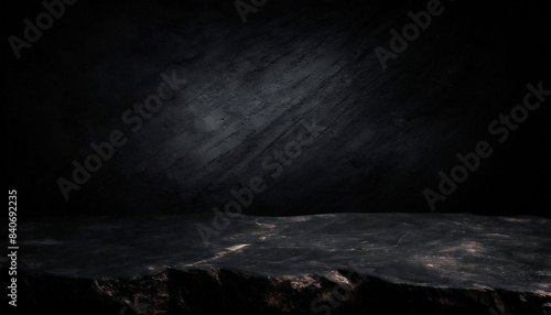 Dark detailed rough black rock table for product display and presentation background branding.