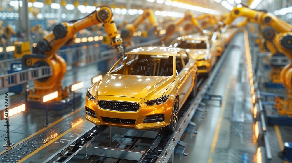 Assembly line in an automotive factory with cars being assembled by workers and robots, demonstrating industrial efficiency. Assembly line in an automotive factory with cars being assembled by workers and robots, demonstrating industrial efficiency.