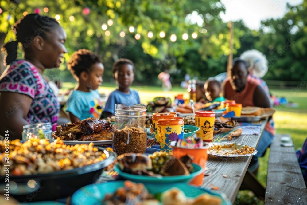 Warm family moment around a picnic table laden with traditional Juneteenth foods, vibrant with the laughter and shared enjoyment of a sunny outdoor meal Warm family moment around a picnic table laden with traditional Juneteenth foods, vibrant with the laughter and shared enjoyment of a sunny outdoor meal