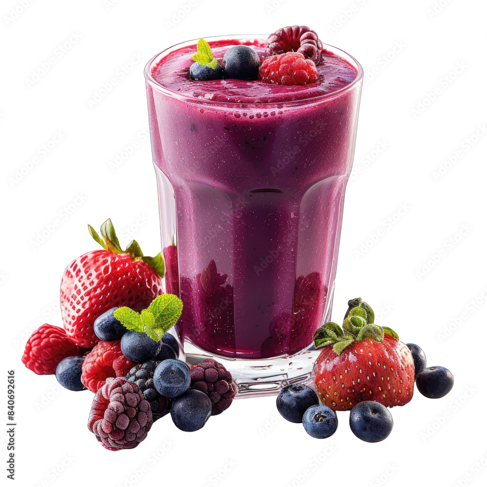 Delicious mixed berry smoothie in a glass with fresh strawberries, blueberries, and raspberries on the side, isolated on transparent background. Delicious mixed berry smoothie in a glass with fresh strawberries, blueberries, and raspberries on the side, isolated on transparent background.