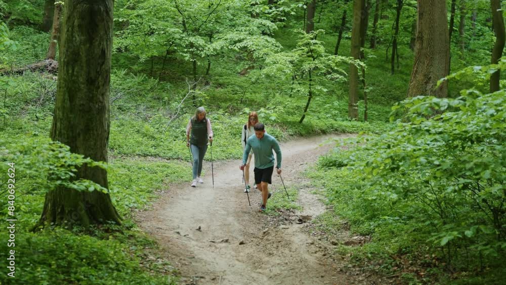 Trainer show how walking use Scandinavian trekking sticks and hold nordic poles in green forest. Man and women Trainer show how walking use Scandinavian trekking sticks and hold nordic poles in green forest. Man and women