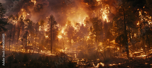 A Fiery Forest Fire Engulfs Trees Near A Still River During Evening Hours