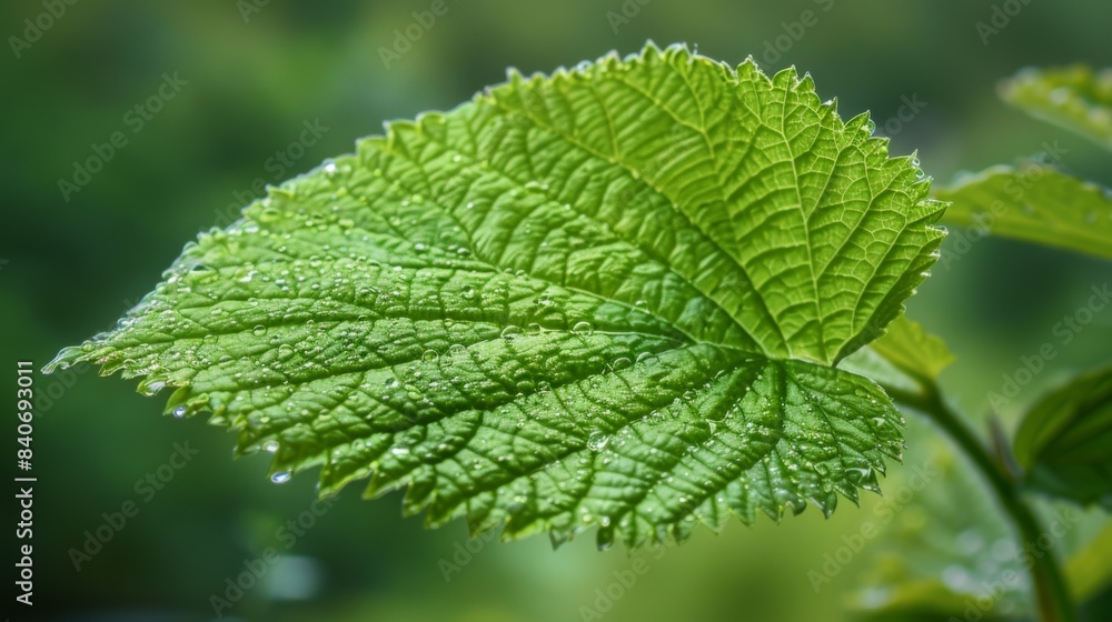 A vibrant green leaf with tiny raindrops, perfectly capturing the freshness after a rain shower, against a blurred natural background A vibrant green leaf with tiny raindrops, perfectly capturing the freshness after a rain shower, against a blurred natural background