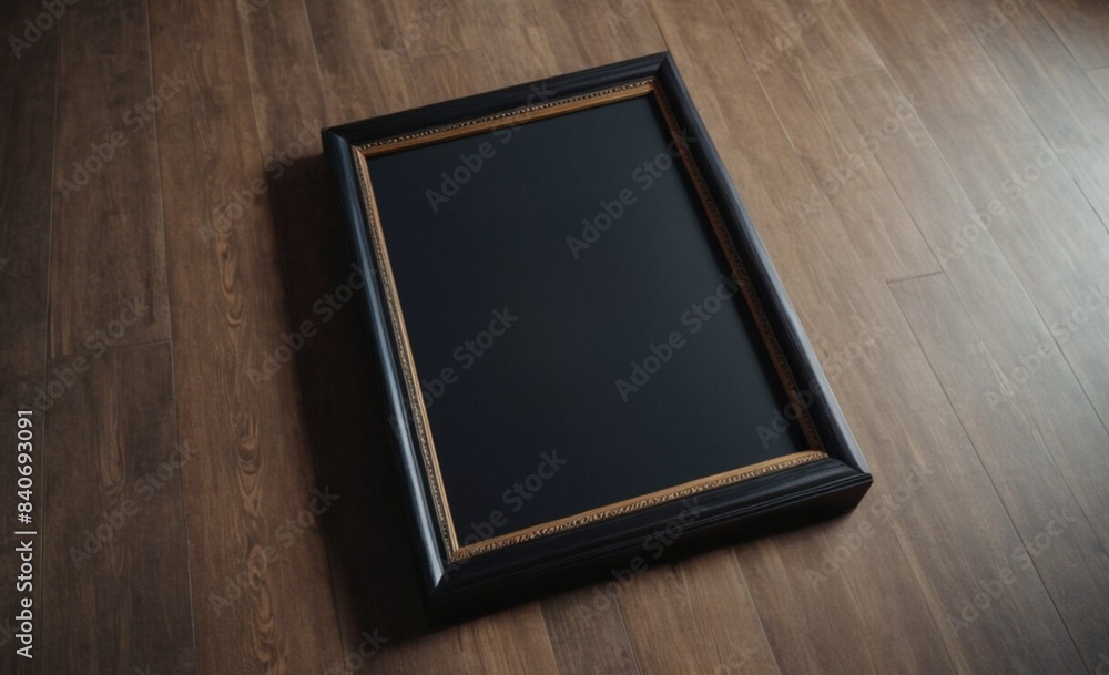 3D-rendered vertical wooden frame mockup showcasing a poster placed on a wooden floor against a white wall backdrop 3D-rendered vertical wooden frame mockup showcasing a poster placed on a wooden floor against a white wall backdrop