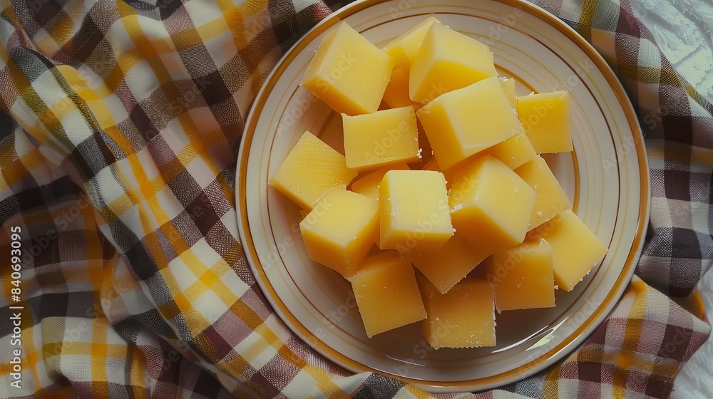 Yellow cheese cubes on a plate, seen from above. Yellow cheese cubes on a plate, seen from above.