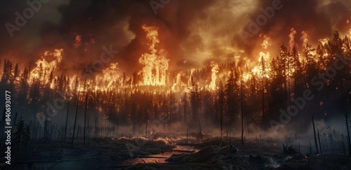A Fiery Forest Fire Engulfs Trees Near A Still River During Evening Hours
