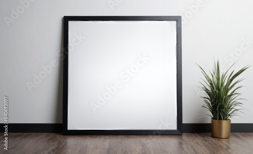 3D-rendered vertical wooden frame mockup showcasing a poster placed on a wooden floor against a white wall backdrop