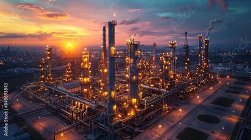 Oil refinery with towering structures and complex pipelines, showcasing the energy industry's scale and complexity.
