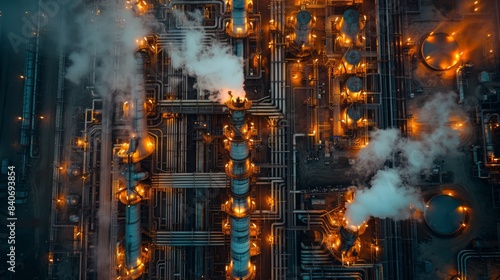 Oil refinery with towering structures and complex pipelines  showcasing the energy industry s scale and complexity.