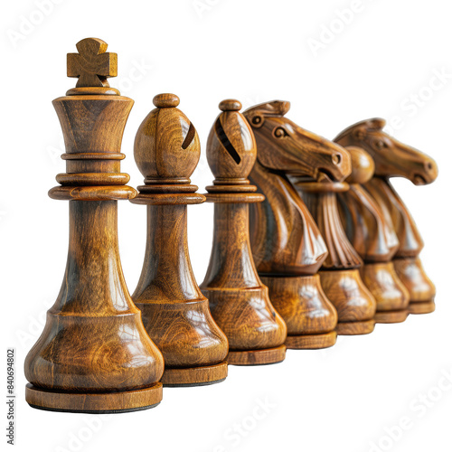 Wooden chess pieces set including bishop, knight, and rook, arranged in a row, showcasing craftsmanship and classic board game elements, isolated on transparent background.