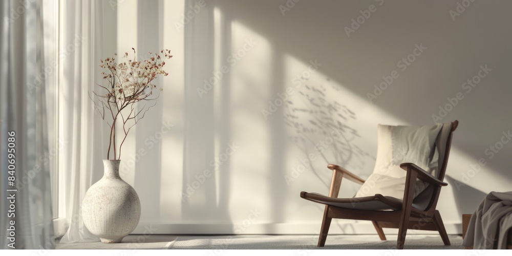 A chair and a vase sitting in a room