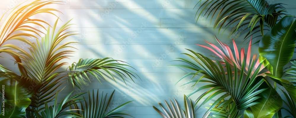 Sunlit tropical plants with shadows on a light blue wall background Sunlit tropical plants with shadows on a light blue wall background