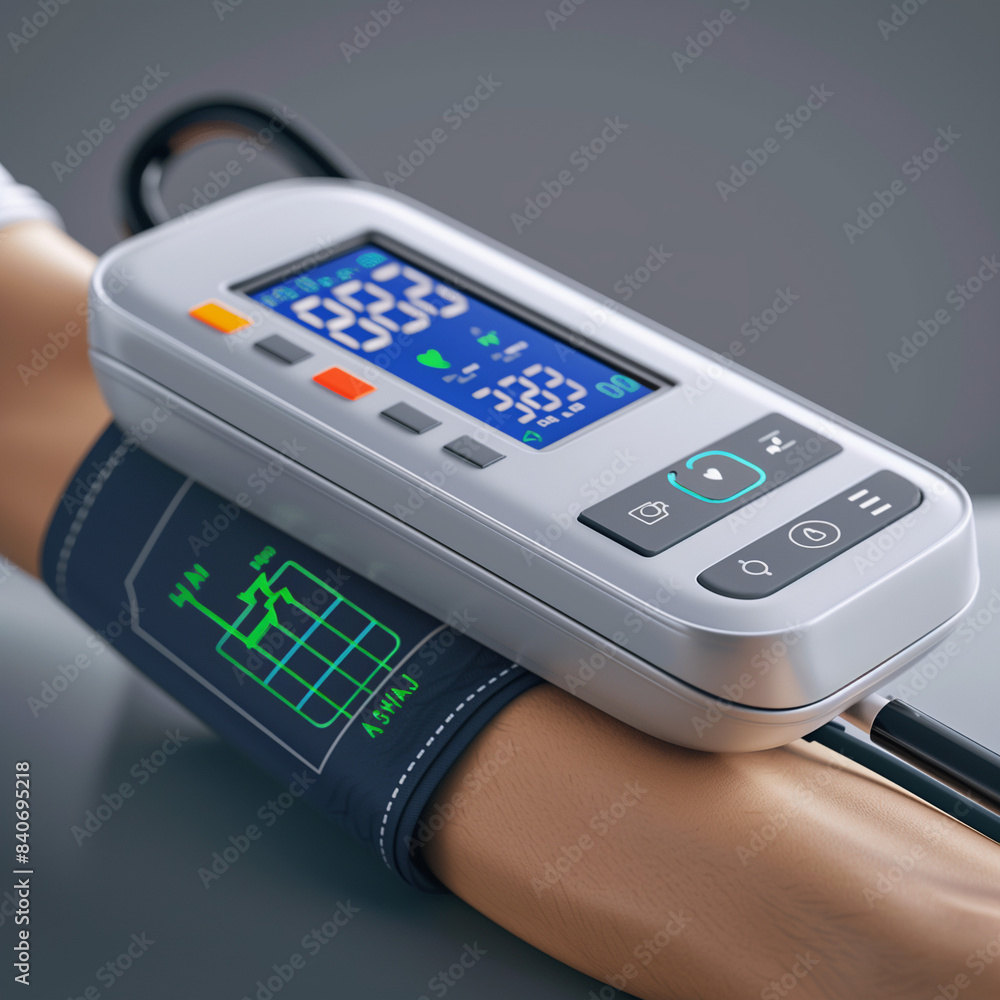 High-definition image of a modern digital blood pressure monitor being used to measure vital signs, showcasing detailed display and cuff in a healthcare setting High-definition image of a modern digital blood pressure monitor being used to measure vital signs, showcasing detailed display and cuff in a healthcare setting