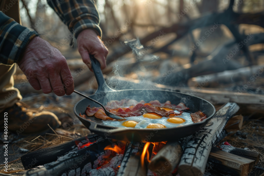 Fototapeta premium Cowboy cooking breakfast by a campfire