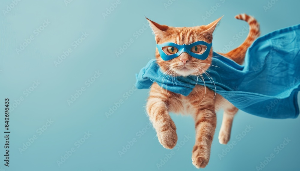Fototapeta premium Superhero cat flying with blue mask and cape. Concept of feline heroism by AI generated image