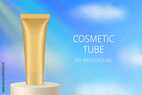 Gold cosmetic tube on a podium. Realistic mockup. Ointment or salve. Gel serum. Korean packaging. Sky, clouds, rays of light and rainbow	