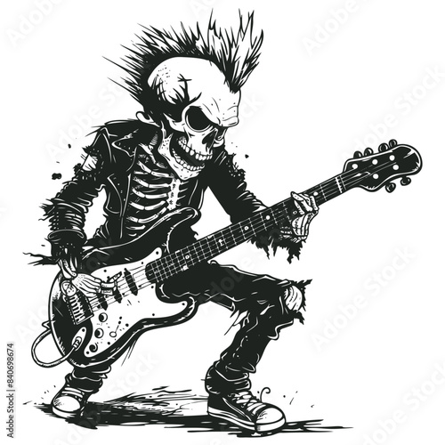 Punk skeleton rocker playing electric guitar, vector illustration