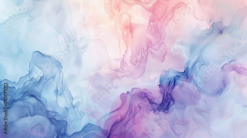 An abstract watercolor background with soft, flowing blends of blue, pink, and purple. The gentle and ethereal patterns create a dreamy and serene atmosphere