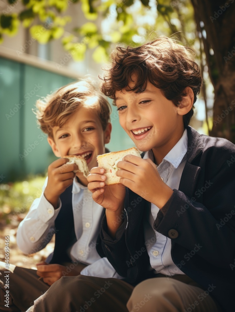 Two young boys enjoying their meal on the ground Two young boys enjoying their meal on the ground