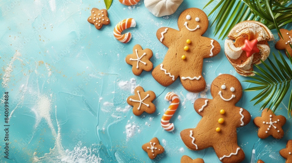 Gingerbread enjoying summer with tropical beach theme cookie friends, top view copy space. summer day Gingerbread enjoying summer with tropical beach theme cookie friends, top view copy space. summer day