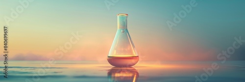 Laboratory Flask with Yellow Liquid at Sunset