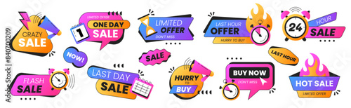 Set of last time or limited offer badges. Sale promo stickers with alarm clock, calendar, countdown or megaphone icon. Hot sales, special deal, only day and hurry up icons. Discount label for shopping