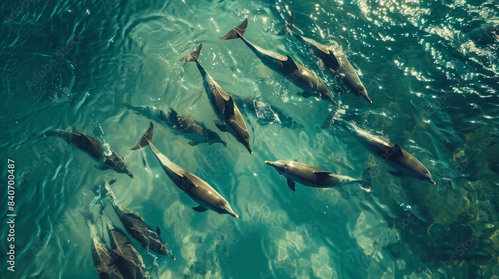 Fototapeta premium An aerial view of a dolphin pod swimming in formation, their synchronized movements creating mesmerizing patterns on the ocean's surface