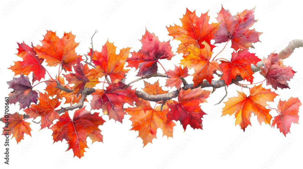 A branch with many red leaves on transparent or white background A branch with many red leaves on transparent or white background
