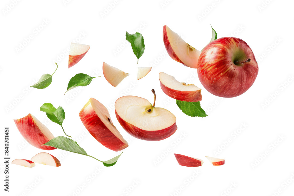 Naklejka premium Red Apples with slices and green leaves falling or flying in the air isolated on background.
