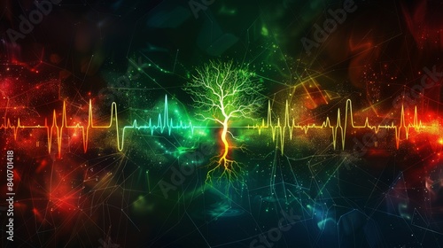 Vibrant Tree with Heartbeat Lines in Abstract Art