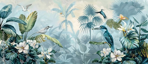 Illustration of tropical wallpaper print design with palm leaves, monstera leaves, birds and texture. Exotic plants and birds on textured background. AI generated illustration