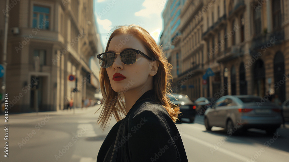 A fashionable woman in sunglasses walks through a busy urban street, exuding modern style and elegance A fashionable woman in sunglasses walks through a busy urban street, exuding modern style and elegance