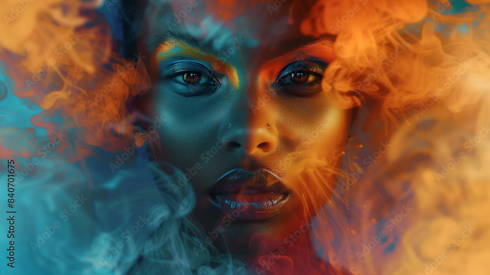Portrait of a woman with mesmerizing eyes surrounded by colorful smoke Portrait of a woman with mesmerizing eyes surrounded by colorful smoke