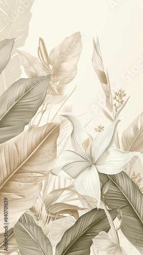 Illustration of tropical wallpaper print design with palm banana leaves and birds on canvas texture. Tropical plants and birds on textured background. AI generated illustration