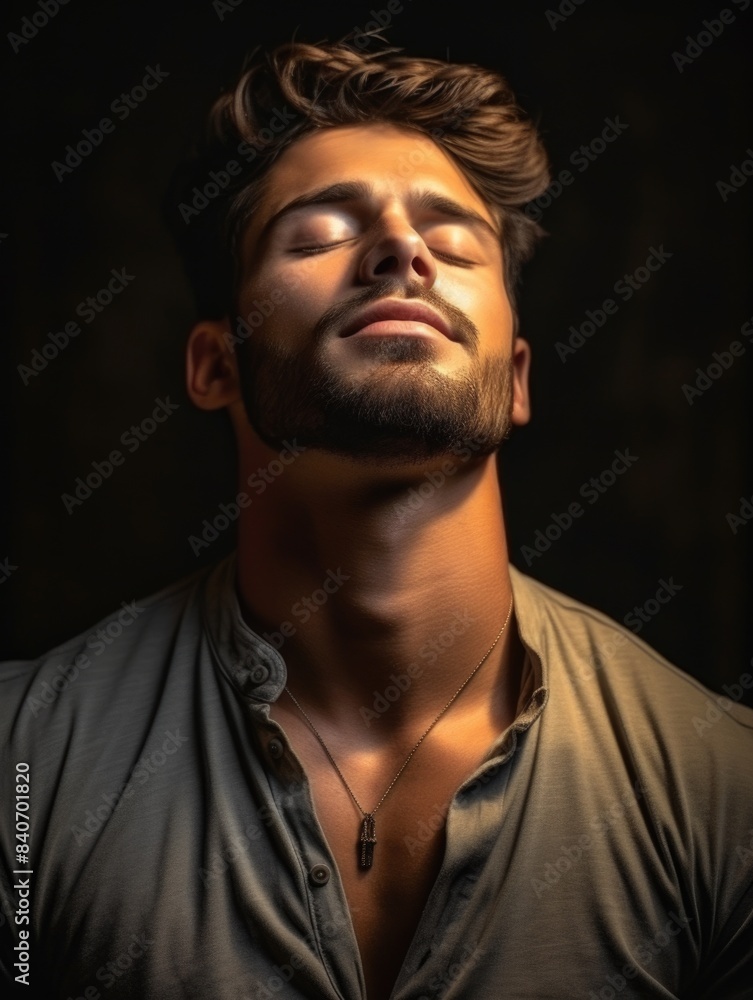 A person sitting or standing with their eyes shut, possibly in deep thought or contemplation, and looking towards the sky A person sitting or standing with their eyes shut, possibly in deep thought or contemplation, and looking towards the sky