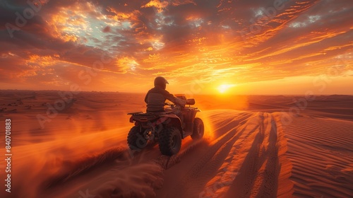 A man riding an atv in the desert sand dunes on sunset.