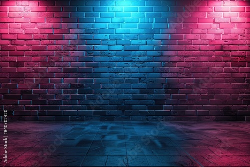 Empty Brick Wall with Blue and Red Neon Lights Gradient Background